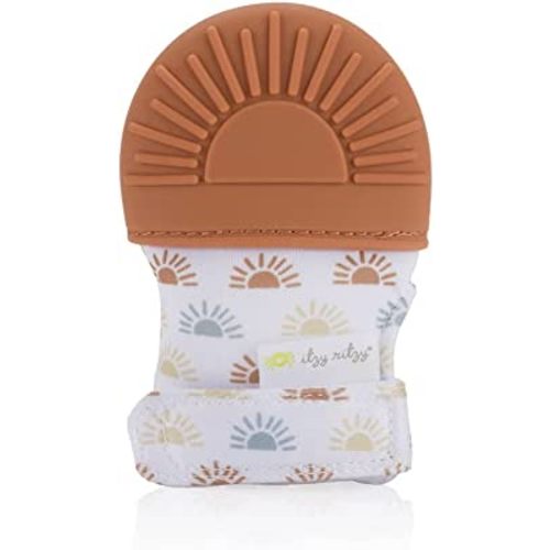Itzy Ritzy Silicone Teething Mitt – Soothing Infant Teething Mitten with Adjustable Strap, Crinkle Sound and Textured Silicone to Soothe Sore and Swollen Gums, Terracotta Sun