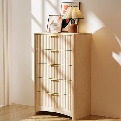 Pipishell Fluted 5 Drawers Dresser for Bedroom, 30" Wooden Drawers with Metal Handle, Dressers with Round Edge Design, Wood Closet Clothes Storage Organizer for Bedroom, Hallway, Natural Oak