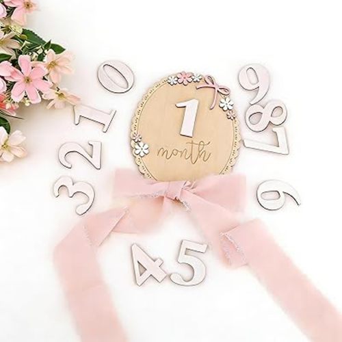 Wooden Monthly Milestone Sign (0-12 Months), Natural Wood Circles with Numbers, 3D Flower Decorations & Pink Ribbon, Base Included, Photo Prop for Growth Recording