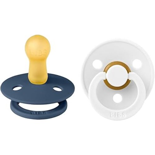 BIBS Pacifiers Colour Collection | Natural Rubber Baby Pacifier | Set of 2 BPA-Free Soothers | Made in Denmark | 0+ Months (Pack of 2) | White/Steel Blue