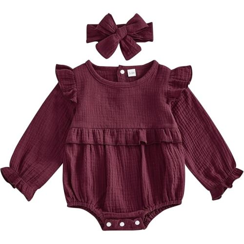 Newborn Infant Baby Girl Clothes Cotton Linen Long Sleeve Smocked Bubble Romper Ruffle Bodysuit Jumpsuit