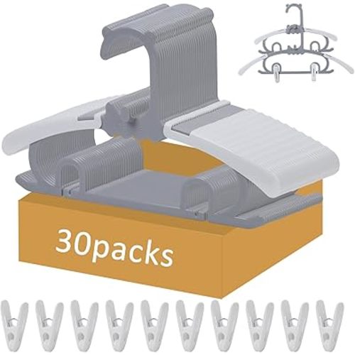 30 Pack Baby Clothes Hangers, 11-15 inch Adjustable Kid Hanger with Clips, Multifunctional Children Hanger for Girl Boy Toddler Kids Child(Grey)