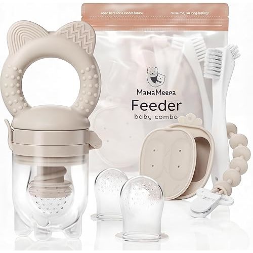 Baby Fruit Feeder & Popsicle Molds Set – Baby Food Feeder Nibbler, Breastmilk Popsicle Molds, Grip Handle, Safety Strap & Cleaning Brush – Feeding Essentials 6–12 Months – Grey