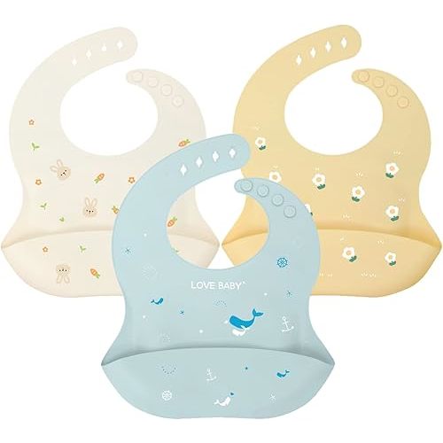 Baby Silicone Feeding Bibs, 3pcs Adjustable Waterproof Bibs for Feeding