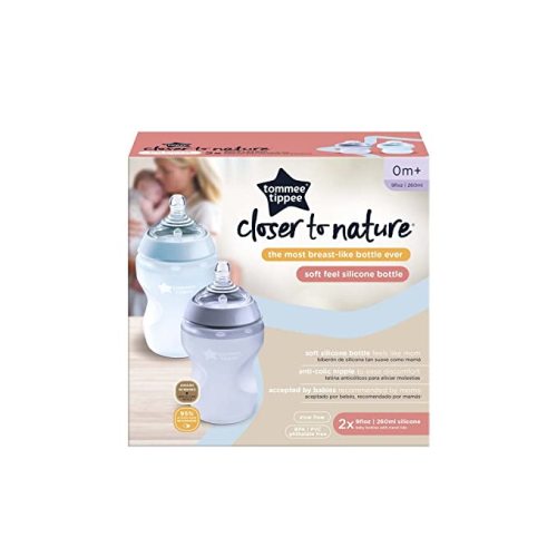 Tommee Tippee Closer to Nature Soft Feel Silicone Baby Bottle, Slow Flow Breast-Like Nipple, Anti Colic, Stain and Odor Resistant (9oz, 2 Count, Blue)