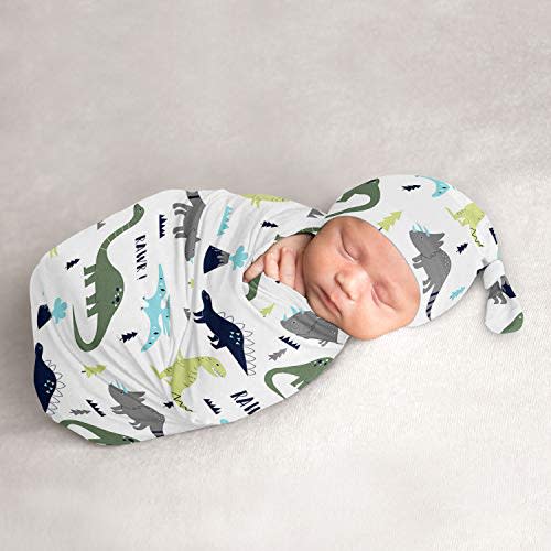 Sweet Jojo Designs Mod Dino Baby Boy Cocoon and Beanie Hat 2pc Set Jersey Stretch Knit Sleeping Bag for Infant Newborn Nursery Sleep Wrap Sack - Blue, Green and Grey Modern Dinosaur