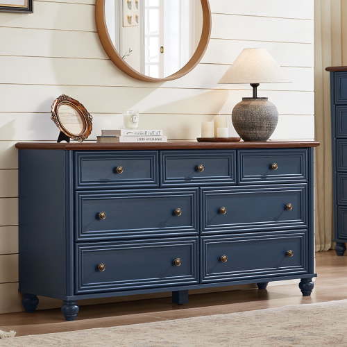 7 Drawers Dresser for Bedroom, Farmhouse Chest of Drawer with Metal pull Handle, Wood Storage Cabine for Living Room, Hallway and Bedroom (Blue)