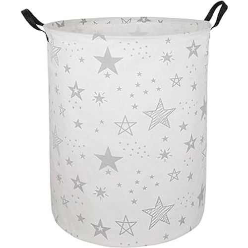 19.7" Round Canvas Large Clothes Basket Laundry Hamper with Handles,Waterproof Cotton Storage Organizer Perfect for Kids Boys Girls Toys Room, Bedroom, Nursery,Home,Gift Basket(Grey Star)
