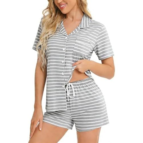 SWOMOG Womens Button Down Pajamas Set Short Sleeve Sleepwear Bride Soft Pj Lounge Sets XS-3XL
