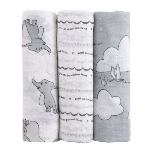 NoJo Disney Dumbo Gray and White 3 Piece Muslin Swaddle Baby Blanket Set