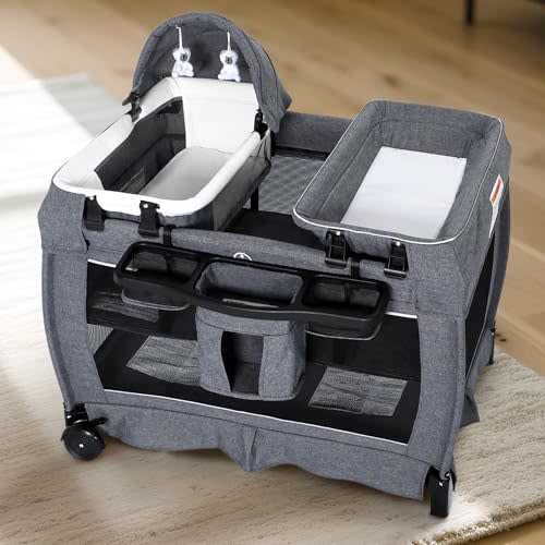 Kinder King 4 in 1 Foldable Pack and Play with Bassinet & Changing Table, Portable Playard for Babies and Toddlers, Convertible Newborn Crib Baby Bed with Canopy, Storage Bag, Light Gray