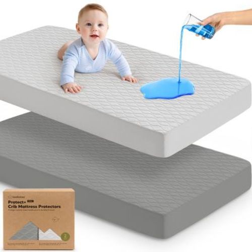 2-Pack Protect+ Waterproof Crib Mattress Protector Covers, Mavy Quilted Cotton Baby Mattress Topper, Toddler Crib Sheets (Granite)