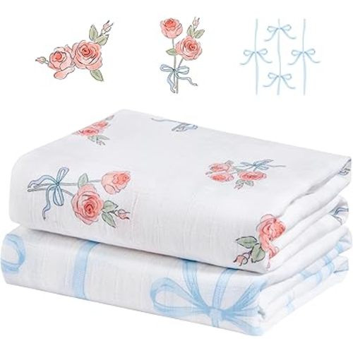 IBESTOPIA 2-Pack Cotton Muslin Swaddle Blankets – 47×47 Inches Large Soft & Breathable Receiving Blankets for Newborns, Baby Girl or Boy (Rose & Bow Duo)