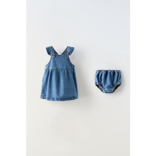 RUFFLED DENIM PINAFORE - Mid-blue | ZARA United States