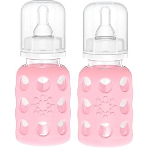 Lifefactory Glass Baby Bottle with Silicone Sleeve 4 Ounce - 2 Pack - Pink