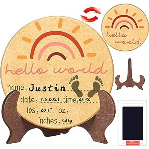 Swooflia Baby Announcement Hello World Newborn Welcome Sign, Birth Name Wooden Signs for Hospital Nursery, Rainbow Cute New Born Boy Girl Shower Gifts Room Decor Keepsake
