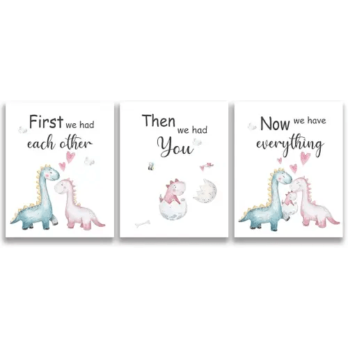 SUUURA-OO Cute Baby Dinosaur Watercolor Art Print poster, Set of 3 (8”X10”) Balloon Dinosaur Family Love Quote Wall Art Poster, Living Room Bedroom Home Decor Nursery Art Printing,Unframed (girl)