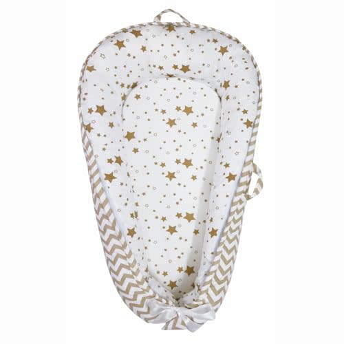 Aila+Aiden Baby Nest, Baby Lounger, Organic Cotton Lounger for Baby, Reversible Breathable Adjustable Portable - Star Collection (White/Tan)
