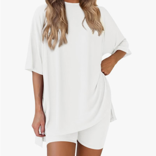 PRETTYGARDEN Women 2 Piece Lounge Set 2026 Summer Casual Oversized Shirts Biker Shorts Matching Airport Travel Outfit Clothes