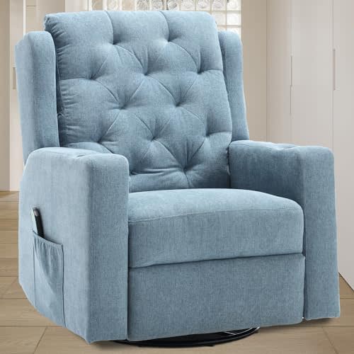 Comermax Oversized Massage Swivel Rocker Recliners Wide Seat Glider Chairs Blue Manual Recliner Chairs with Cup Holders for Adults, Comfortable Reclining Rocking Chair