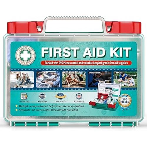 General Medi 295 Pieces Professional First Aid Kit - HardCase First Aid Box - Contains Premium Medical Supplies for Travel, Home, Office, Vehicle, Camping, Workplace & Outdoor