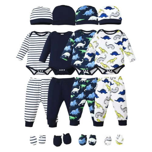 Kucnuzki Newborn Baby Boys Spring Outfits Layette Essentials Gift Sets 4-Packs Baby Clothes Dinosaur Print Striped Bodysuit Top + Pants + Hat + Gloves 16 Pcs Sets Blue