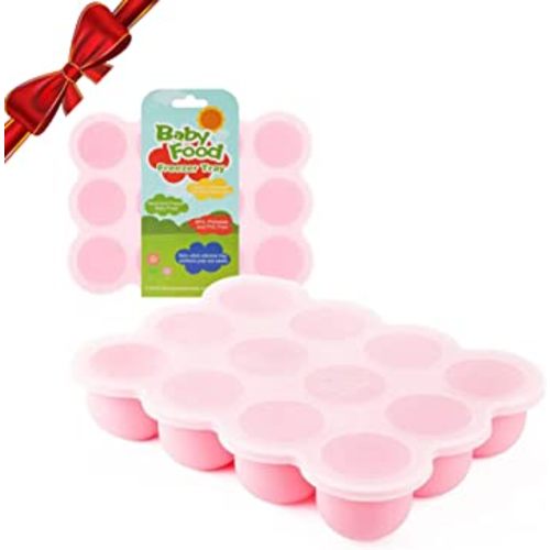 Samuelworld Baby Breast Milk and Food Storage Container, 12 Portions x 2.5oz, Stackable Food Grade Silicone Tray with Clip-On Hard Lid for Homemade Purees, Vegetables & Fruits - Pink