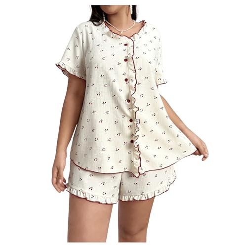 SOLY HUX Women's Plus Size Pajama Set Cute Print Ruffle Trim Short Sleeve Button Down Shirt and Shorts Sleepwear