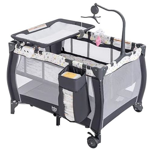 Costzon 3 in 1 Pack and Play with Bassinet, Portable Baby Playard with Changing Table, Music Box, Whirling Toys, Wheels/Brake, Basket, Foldable Infant Bassinet Crib for Baby Toddlers Indoor Outdoor