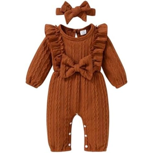 Happy Town Baby Girl Romper Infant Fall Winter Clothes Ruffle Sweater Long Sleeve Bodysuit Jumpsuit and Headband