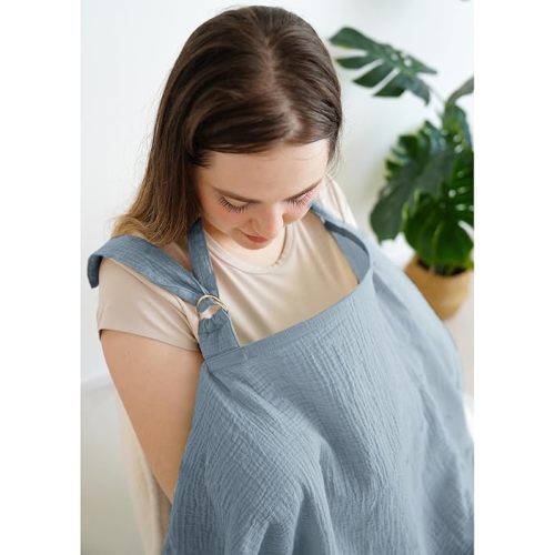 Muslin Nursing Covers for Breastfeeding, Privacy Breast Feeding Cover with Arch Neckline for Mom and Baby, Breathable 100% Cotton Nursing Apron Multi-use Stroller Cover