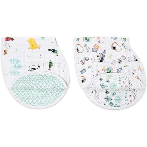 aden + anais Burpy Bib, 100% Cotton Muslin, Soft Absorbent 4 Layers, Multi-Use Burp Cloth and Bib, 22.5" X 11", 2 Pack, Around The World