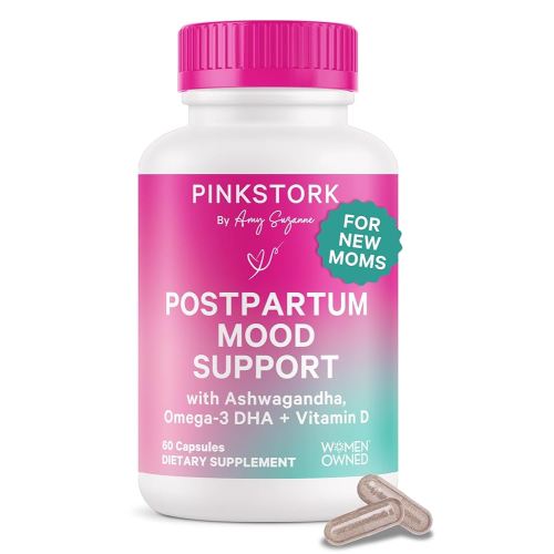 Pink Stork Postpartum Mood Support - Postnatal Hormone Balance for Women - Breastfeeding Friendly - Stress & Cognitive Support, New Mom Essentials - Ashwagandha, Chamomile, & Vitamin D, 60 Capsules