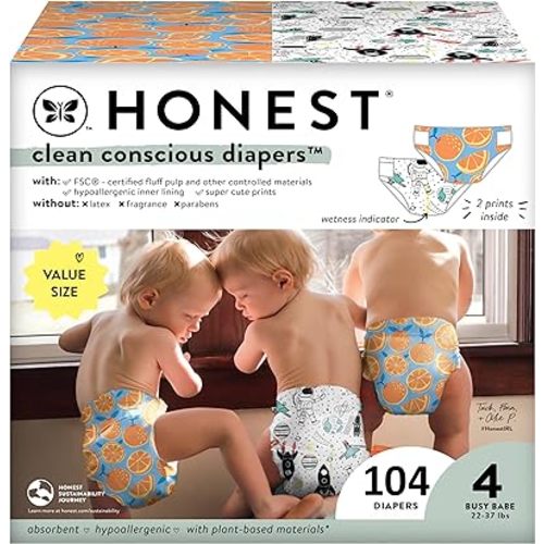 The Honest Company Clean Conscious Diapers | Plant-Based, Sustainable | Space Travel + Orange You Cute | Super Club Box, Size 4 (22-37 lbs), 104 Count