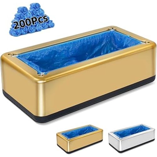 Automatic Shoe Covers Dispenser,200 Pcs Disposable Shoe Cover,Waterproof T Buckle Shoes Cover for Adult and Kids All Sizes,Portable Machine for Indoors/Home/Office, Gold