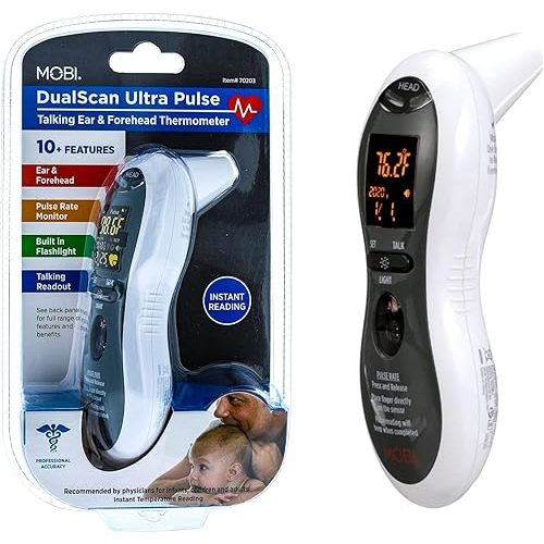 MOBI - Ultra Pulse Digital Thermometer - Ear & Forehead Indicator Pulse Rate Monitor Flashlight - Talking Digital Fever Monitor for Baby Kids & Adult