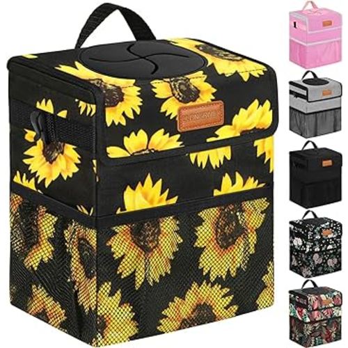 ELONGRIVER Car Trash Can Bin for Car Back Seat Leak Proof, Cute Car Trash Bag Hanging, Vehicle Trash Can for SUV Truck Van, Automotive Car Garbage Cans Front Seat Sunflower Floral