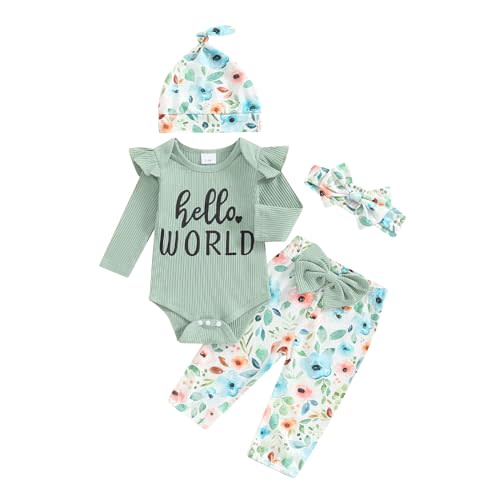 Hello World Newborn Outfit Baby Girl Going Home Outfit Ruffle Ribbed Romper Top Floral Pants Set Cute Summer Clothes