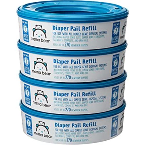 Amazon Brand - Mama Bear Diaper Pail Refills for Diaper Genie Pails, 1080 Count (4 Packs of 270 Count)