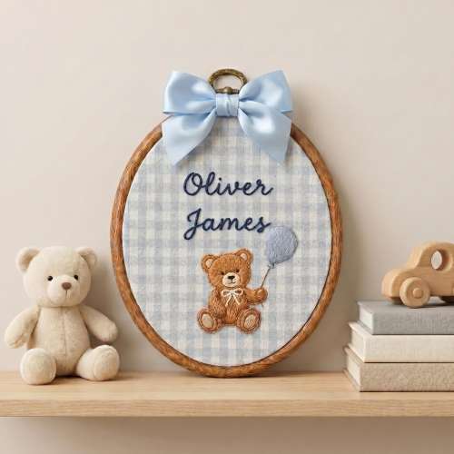 Personalized Embroidered Teddy Bear Baby Name Hoop, Baby Name Reveal Sign Heirloom, Baby Name Wall Decor, Baby Shower Gift, Newborn Keepsake