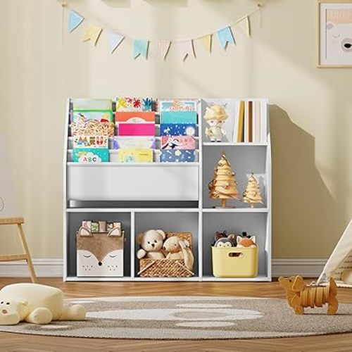 Kids Bookshelf with Toy Organizer, Book Shelf for Kids Room, 5-Tier Sling Bookshelf, Toy and Book Storage for Kids, for Kids Room, Living Room, Playroom, Nursery, White KBWT8201