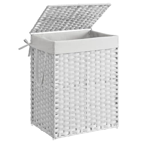 SONGMICS Laundry Hamper with Lid, 23.8 Gallon (90 L) Synthetic Rattan Clothes Laundry Basket with Lid and Handles, Foldable, Removable Liner, Cloud White ULCB51WT