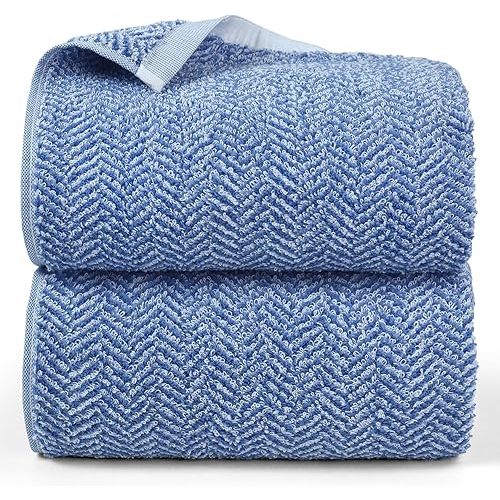 Cleanbear Large Bath Towels, 54” x 28” Shower Towels with Light Blue and White Herringbone Stripes for Bathroom, Luxury Bath Set of 2