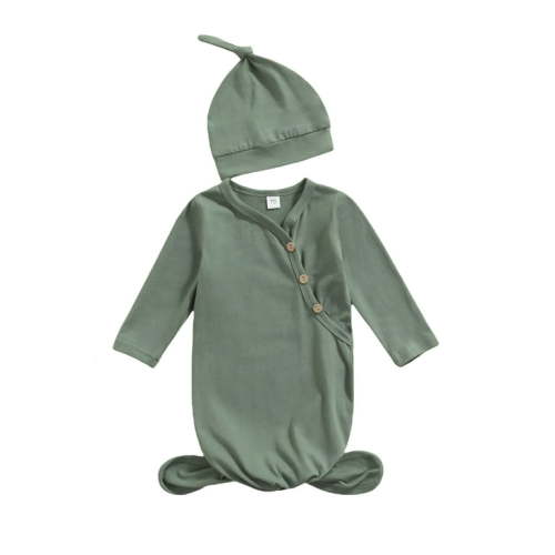 Suanret Newborn Baby Girl Boy Knitted Romper Knotted Gowns Long Sleeve Solid Color Sleeping Bag With Hat Set Lake Green 0-3 Months