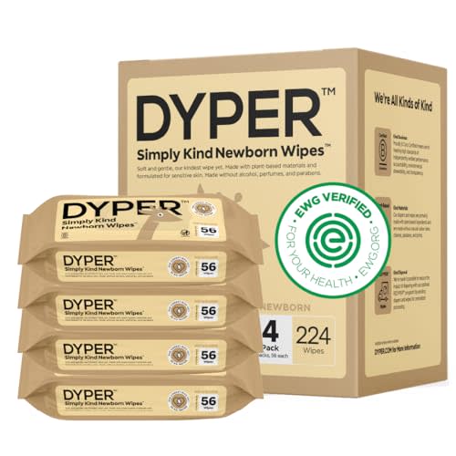 DYPER Plastic-Free Newborn Baby Wipes | 99.9% Water Baby Wipes | 100% Plant-Based | Unscented, Soft, & Hypoallergenic for Sensitive Newborn Skin | EWG Verified | Honest Ingredients | 4 Pack, 224 Wipes