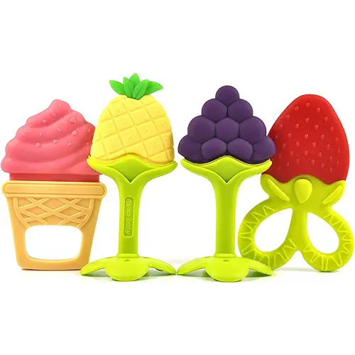 Baby Teething Toys (4 Pack), Olele Baby Chew Toys, BPA-Free Baby Teething Toy for Babies 6-12 Months. Natural Organic Freezer Safe Fruit Teether Toys for Toddlers, Specialized Relief Gingival Pain.