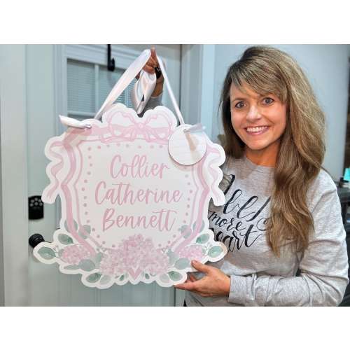 Baby Girl Hospital Door Hanger - Baby Name Sign - Birth Announcement Sign - Birth Stat Sign - Pink Flowers Baby Crest