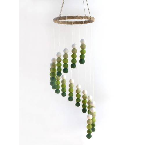 Green Spiral Nursery Mobile Decor- Felt Balls- Pom Poms- Childrens Room Hanging Ceiling Decoration- 100% Wool- Handmade Baby Shower Gift