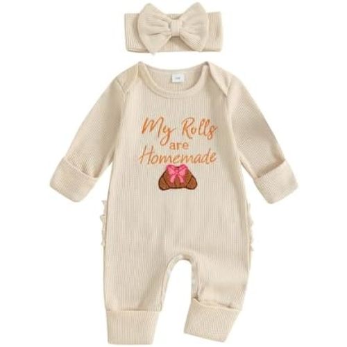 My First Thanksgiving Baby Girl Outfit Newborn Homemade Rolls Onesie Waffle Knit Romper Jumpsuit Cute Clothes