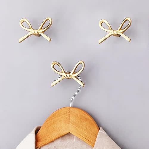 Indian Shelf 3 Brass Gold Decorative Bow Wall Hooks Nursery Kids Tie Coat Rack Wall Mount Vintage Coat Hooks for Hanging Coats, Tie, Towels, Bags, Purse & More